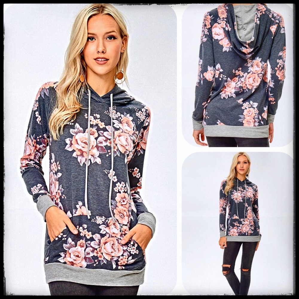 Gray floral rose print French terry hoodie